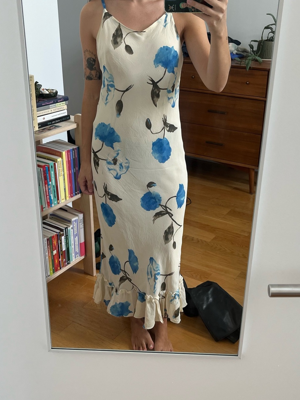 Vintage Cream Slip Dress with Blue Floral Print